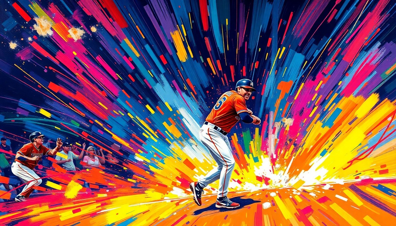 An abstract, energetic painting featuring bold, neon-colored brushstrokes that capture the dynamic action and momentum of a baseball game, conveying the excitement and intensity of the Rockies