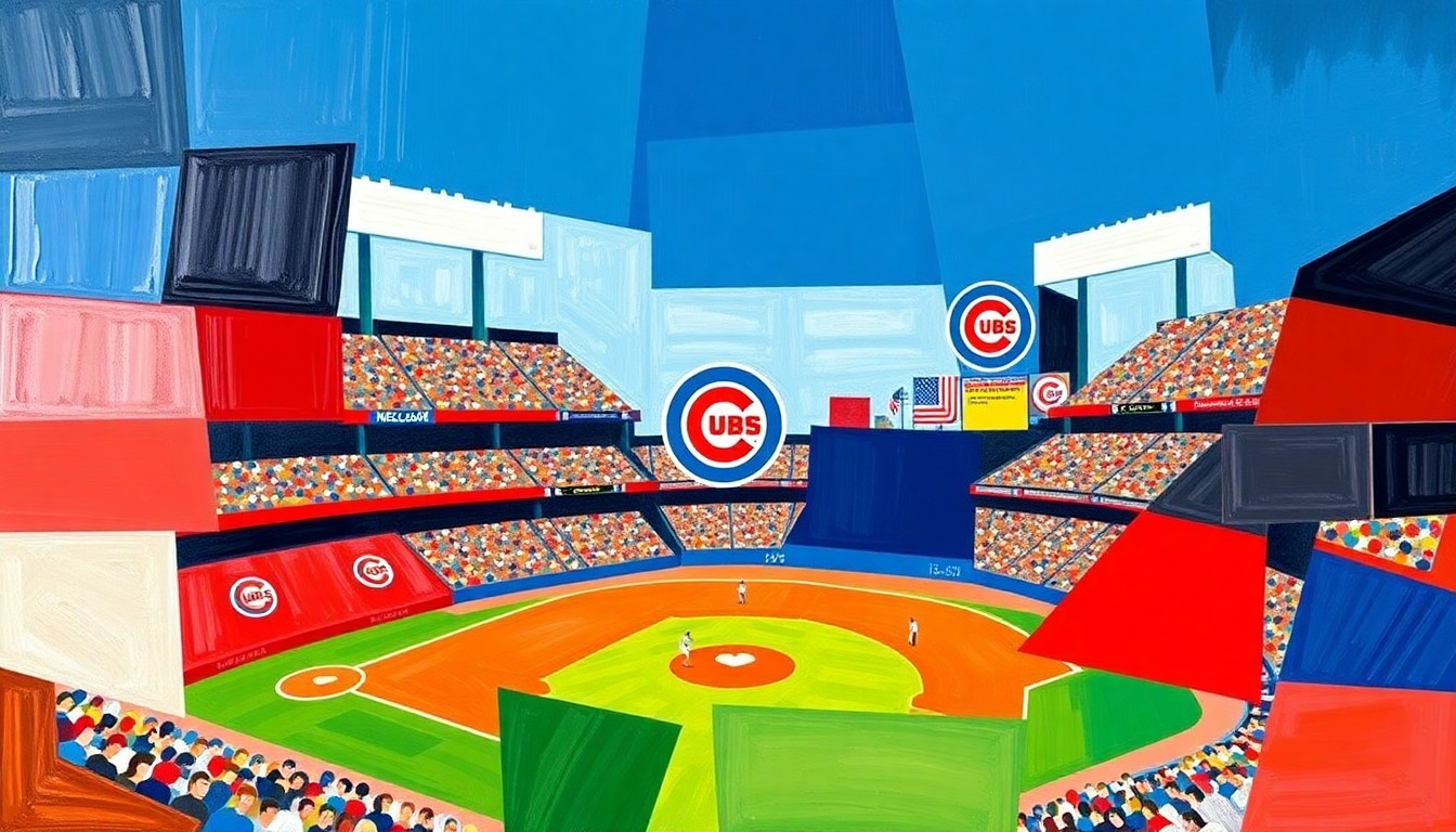 A cubist-style painting featuring overlapping geometric shapes and planes in the Chicago Cubs