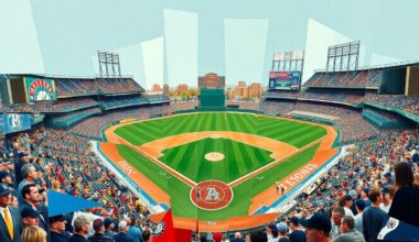 A cubist-style painting featuring overlapping geometric shapes and planes in shades of blue, green, and red, representing the action and energy of a baseball game between the Seattle Mariners and Texas Rangers.