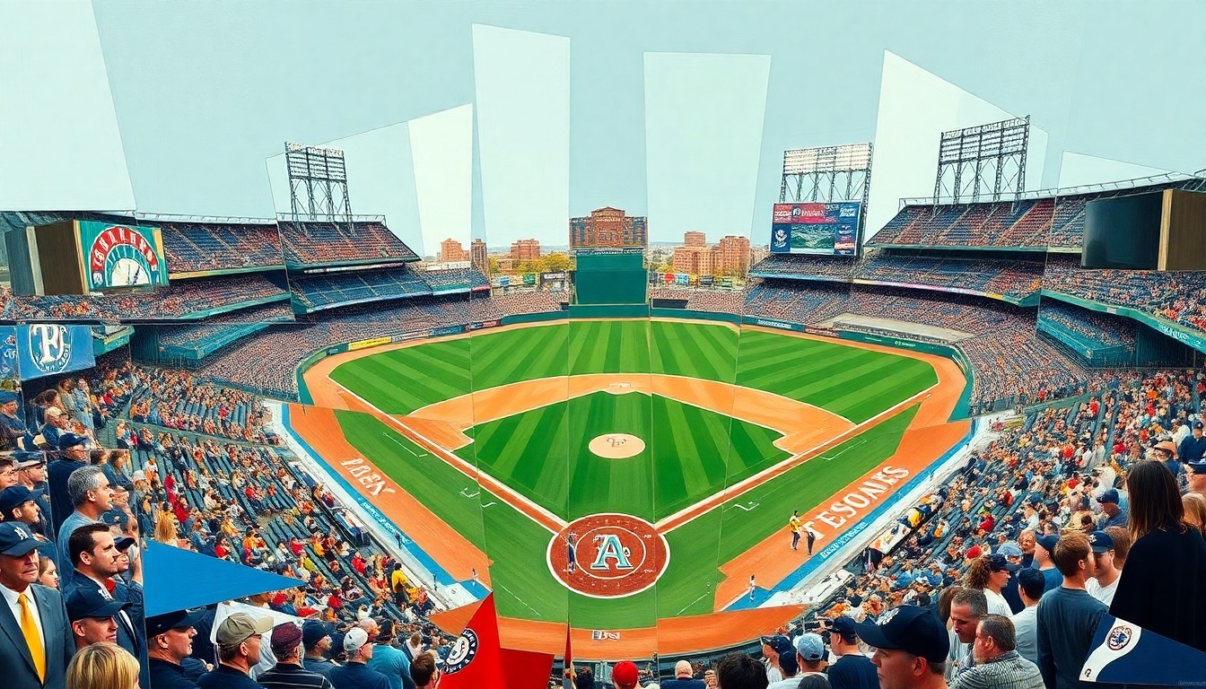 A cubist-style painting featuring overlapping geometric shapes and planes in shades of blue, green, and red, representing the action and energy of a baseball game between the Seattle Mariners and Texas Rangers.