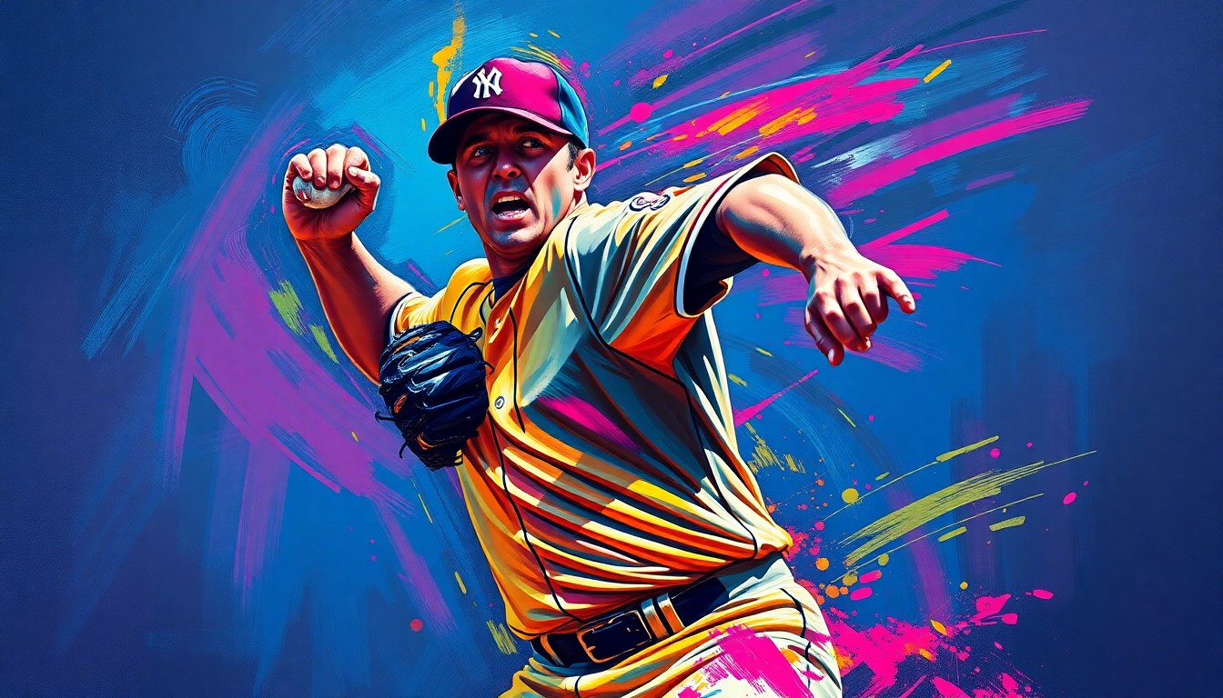 A dynamic, neon-colored painting showing a baseball pitcher