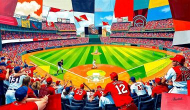 A cubist, geometric painting depicting a baseball game between the Washington Nationals and St. Louis Cardinals, with the players and field broken down into overlapping planes of vibrant red, white, and blue colors.