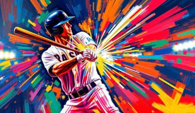 An abstract expressionist painting in vibrant neon colors, capturing the explosive power and energy of a baseball player