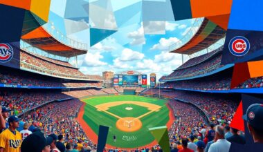 A fractured, cubist-style painting depicting the baseball game at Tropicana Field, with the players, stadium, and crowd broken down into overlapping geometric shapes and planes of vibrant colors, capturing the energy and excitement of the Rays