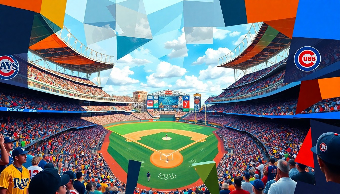 A fractured, cubist-style painting depicting the baseball game at Tropicana Field, with the players, stadium, and crowd broken down into overlapping geometric shapes and planes of vibrant colors, capturing the energy and excitement of the Rays