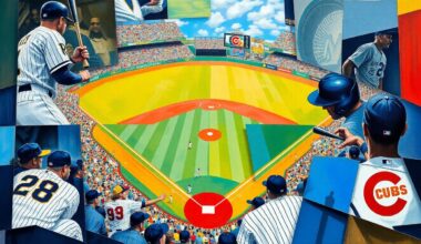 A fractured, multi-perspective painting in bold, geometric shapes and colors representing a baseball game between the Tampa Bay Rays and Chicago Cubs, capturing the energy and excitement of the Rays