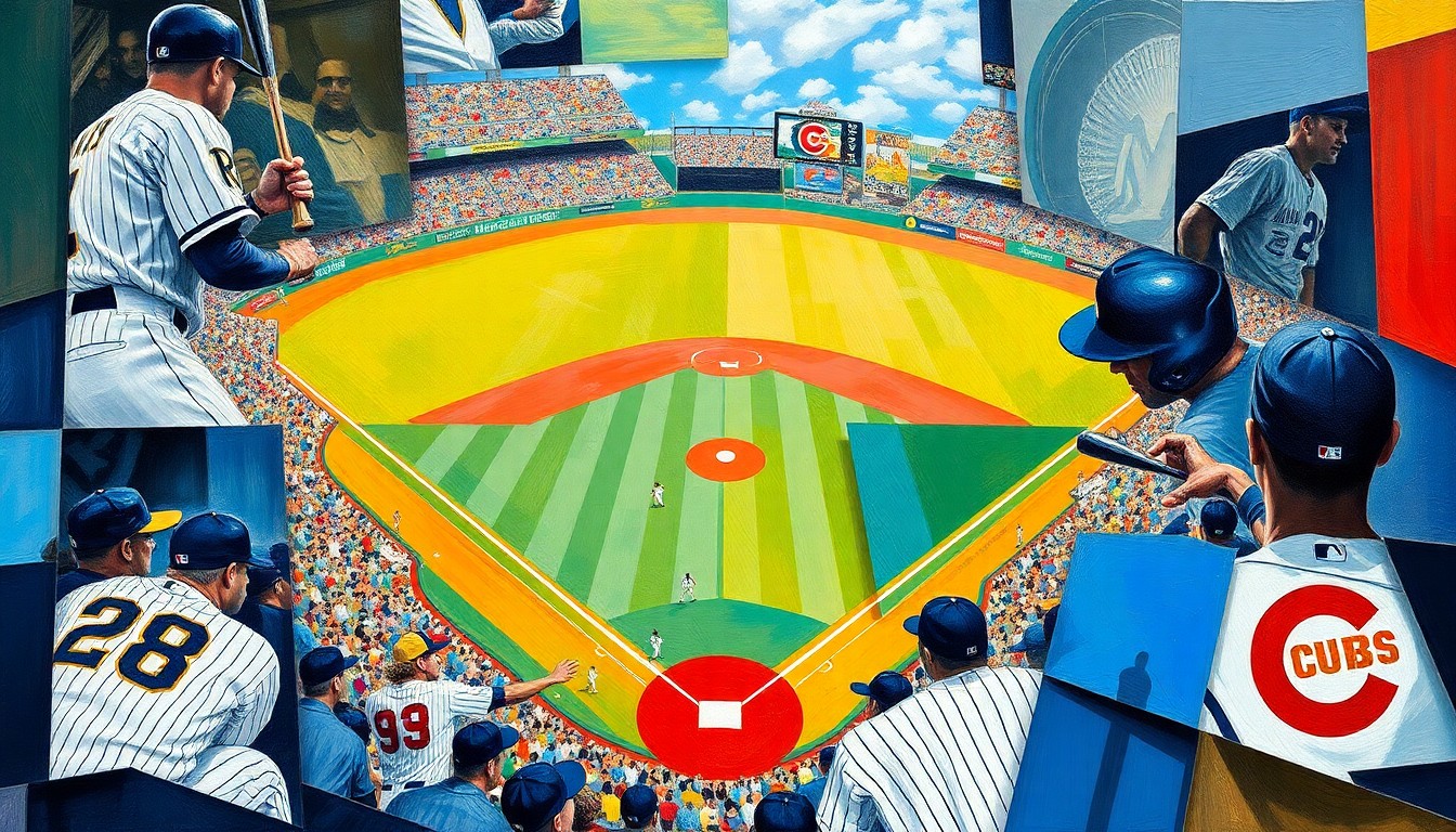 A fractured, multi-perspective painting in bold, geometric shapes and colors representing a baseball game between the Tampa Bay Rays and Chicago Cubs, capturing the energy and excitement of the Rays