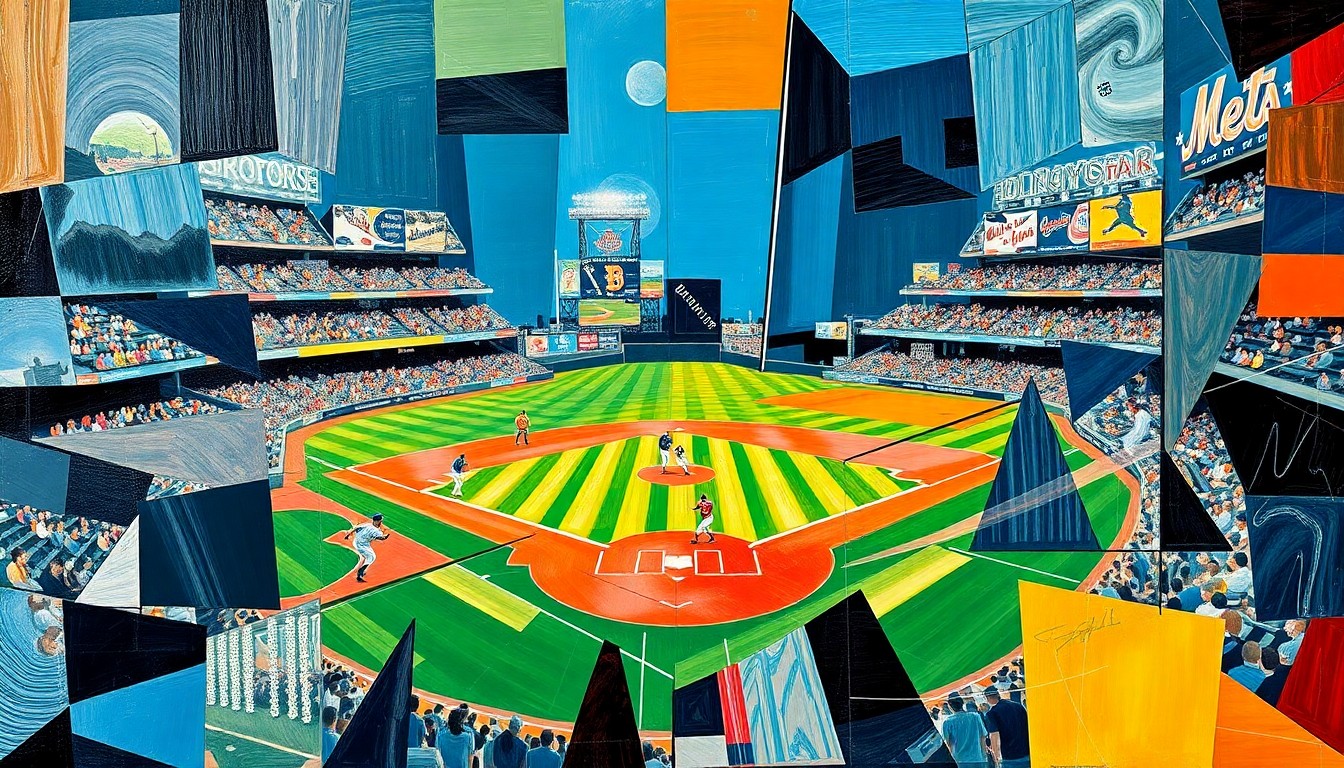 A vibrant, abstract painting featuring sharp, overlapping geometric shapes in shades of blue, orange, and green, representing the dynamic action of a baseball game between two teams.