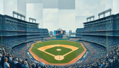 A cubist, geometric painting depicting a fragmented scene of a baseball game, with players, fans, and the empty stadium rendered in overlapping planes of muted blue, gray, and brown tones.