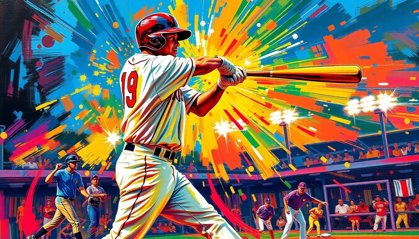 An abstract, expressionist painting in neon colors depicting the explosive energy and motion of a baseball player swinging a bat and hitting a home run.