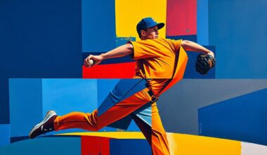 A fragmented, geometric painting depicting the various motions and perspectives of a baseball pitcher