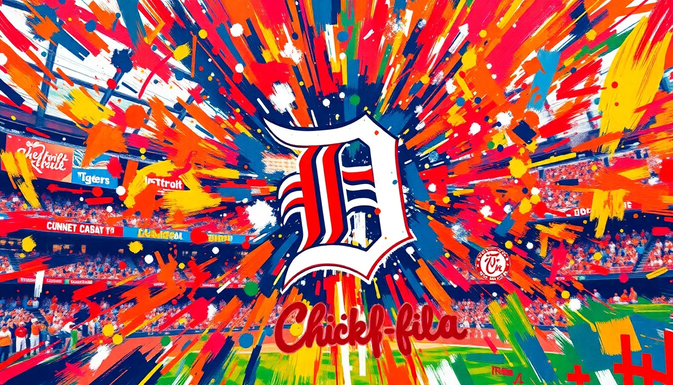 An abstract, expressionist painting featuring vibrant neon brushstrokes and splatters of color, capturing the energy and excitement of a baseball game without any recognizable logos or branding.