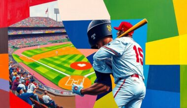 A cubist, geometric painting featuring overlapping planes of red, navy blue, and gold, representing the dynamic action and competition of a baseball game between the Cincinnati Reds and Milwaukee Brewers.