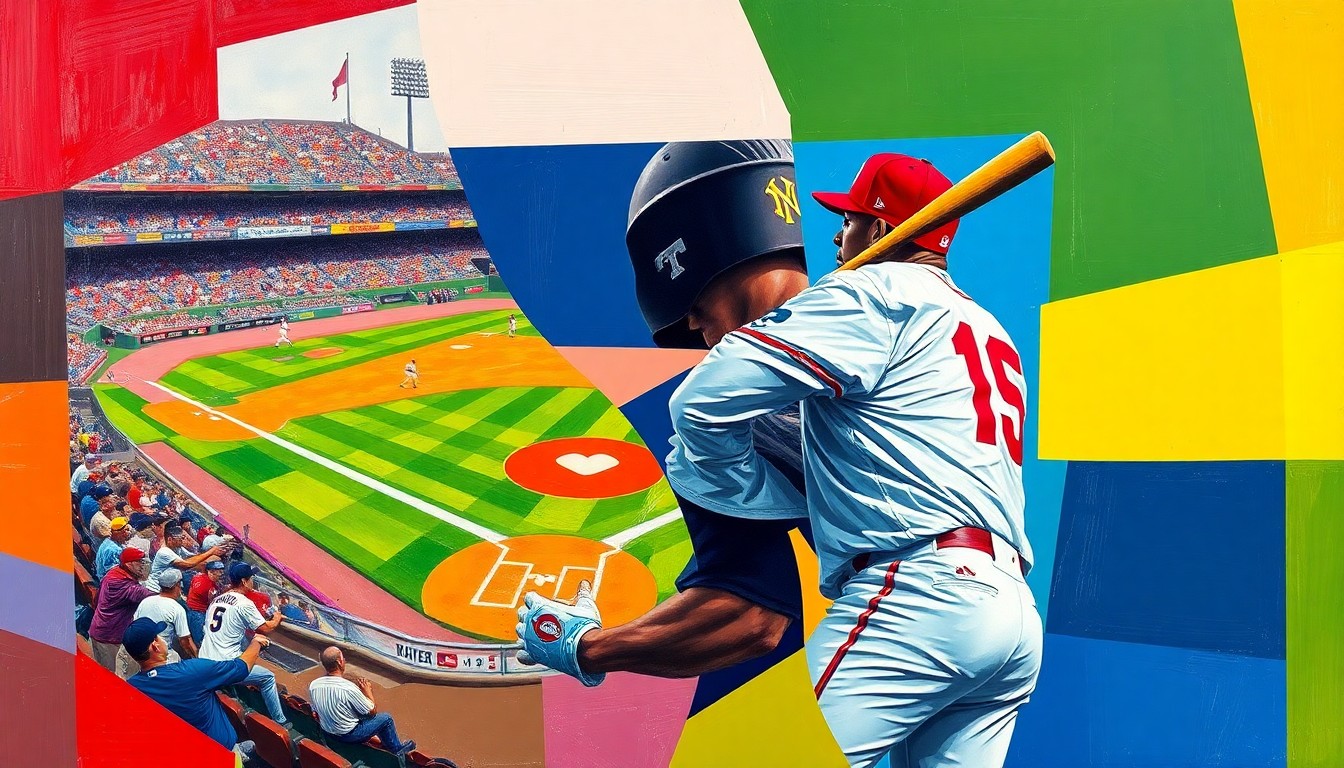 A cubist, geometric painting featuring overlapping planes of red, navy blue, and gold, representing the dynamic action and competition of a baseball game between the Cincinnati Reds and Milwaukee Brewers.