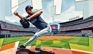A cubist, geometric painting depicting a Rockies relief pitcher in mid-delivery, with the Coors Field stadium in the background broken down into abstracted shapes and planes of color.