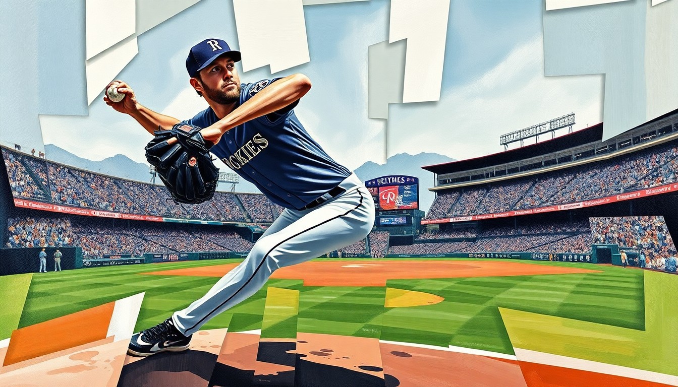 A cubist, geometric painting depicting a Rockies relief pitcher in mid-delivery, with the Coors Field stadium in the background broken down into abstracted shapes and planes of color.