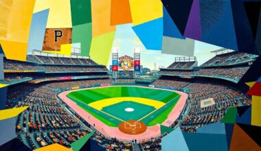 A fragmented, geometric painting depicting a baseball game at PNC Park, with overlapping planes of the official team colors of the Pittsburgh Pirates and San Diego Padres.