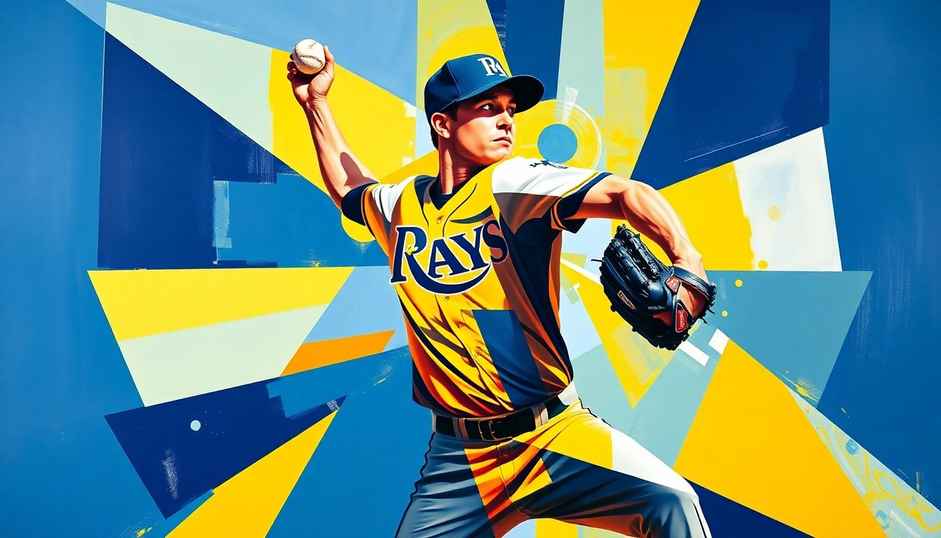 A fragmented, geometric painting in shades of navy, powder blue, and gold, depicting the overlapping planes and angles of a baseball pitcher
