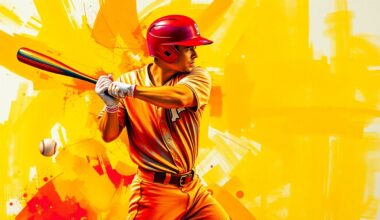 An abstract, energetic painting featuring bold, sweeping brushstrokes in neon yellow, orange, and red, capturing the dynamic motion of a baseball player mid-swing.