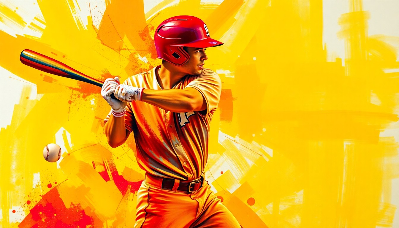 An abstract, energetic painting featuring bold, sweeping brushstrokes in neon yellow, orange, and red, capturing the dynamic motion of a baseball player mid-swing.