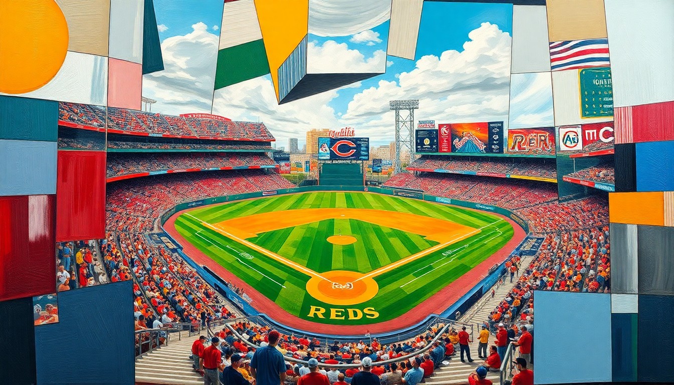 A fragmented, geometric painting depicting the action of a baseball game, with sharp planes of color and form representing the players and field.