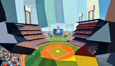 A cubist, geometric painting depicting a baseball game in motion, with overlapping planes of color and shape representing the players, field, and action on the diamond.