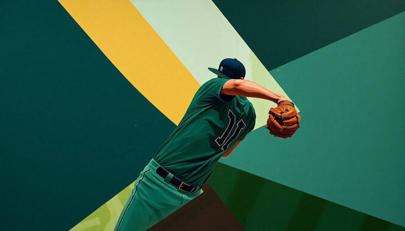 A fragmented, cubist-style painting depicting the various angles and movements of a baseball pitcher