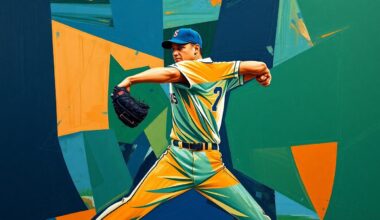 A cubist-style painting featuring sharp, overlapping geometric shapes in navy, green, and orange, conceptually representing the intense, fragmented motion of a baseball pitcher