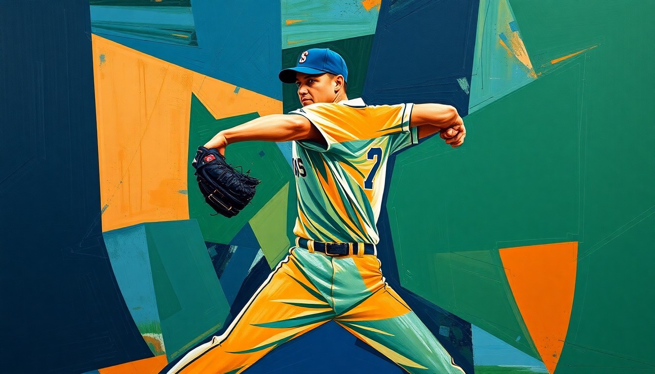 A cubist-style painting featuring sharp, overlapping geometric shapes in navy, green, and orange, conceptually representing the intense, fragmented motion of a baseball pitcher