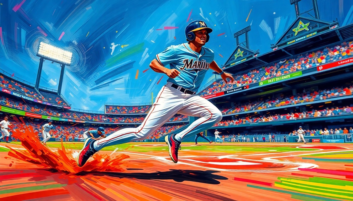 An abstract, expressionist painting in neon colors depicting a blurred figure sprinting across a baseball field, capturing the raw energy and motion of Elly De La Cruz