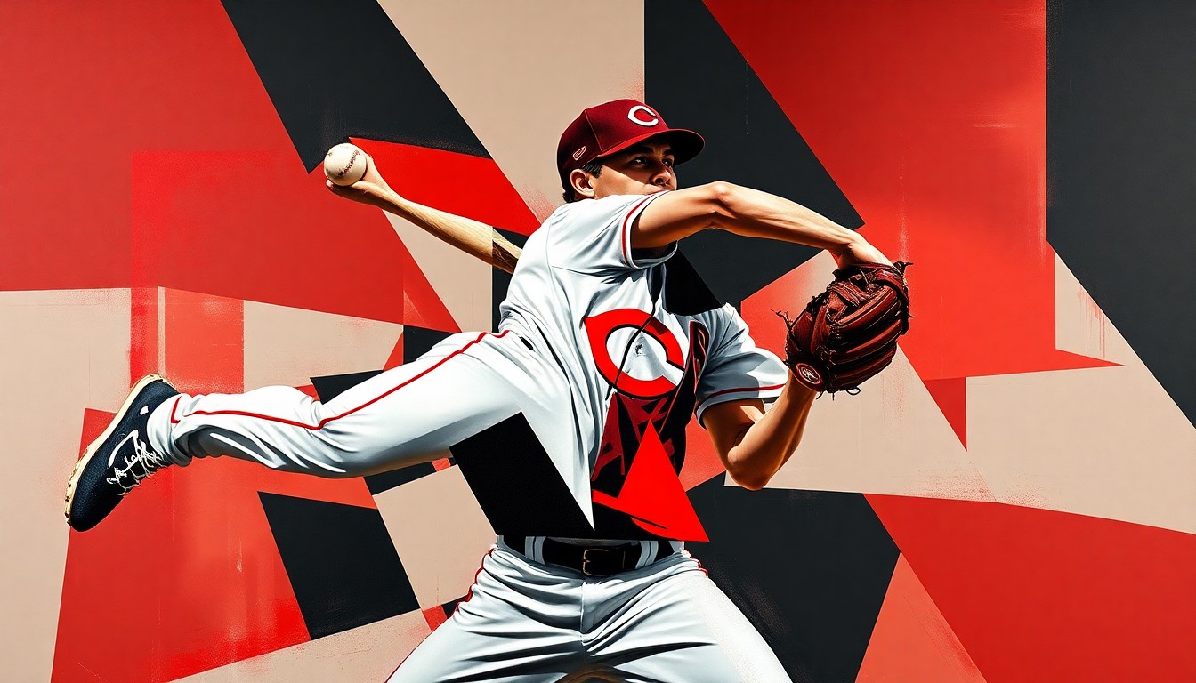 A cubist, geometric painting depicting a baseball pitcher
