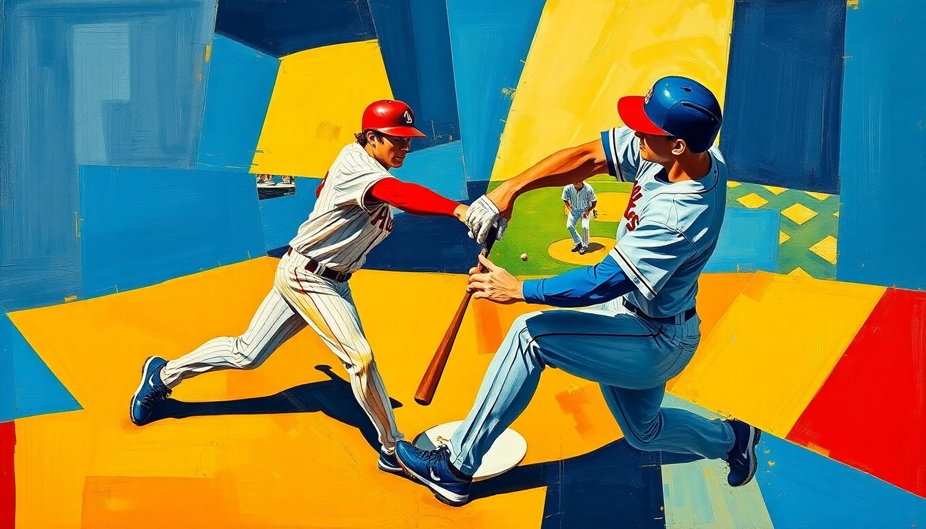 A fractured, geometric painting depicting the chaotic movements of a baseball double play, with sharp planes of color and overlapping shapes conveying the disjointed nature of the Red Sox