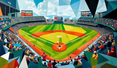 A fragmented, geometric painting depicting a baseball game, with players and the field broken down into sharp, angular shapes in a vibrant color palette, conveying the dynamism and excitement of the Reds