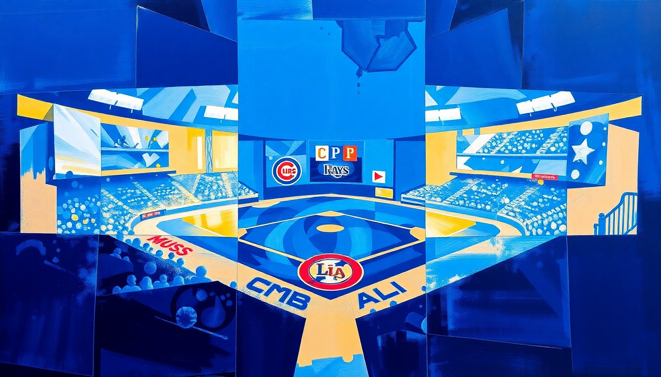 A cubist-style painting featuring overlapping geometric shapes and planes in shades of blue, representing the action and movement of a baseball game between the Chicago Cubs and Tampa Bay Rays.