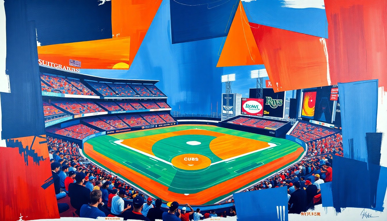A fractured, geometric painting in vibrant colors depicting a baseball game, with sharp, overlapping planes representing the action on the field.