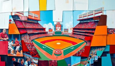 A cubist, geometric painting depicting a baseball game in progress, with the players and field fragmented into sharp, overlapping shapes in a vibrant color palette.