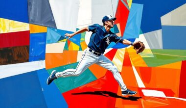 A fractured, cubist-style painting depicting a baseball outfielder in motion, with the player