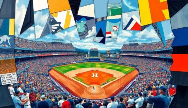 A fragmented, geometric painting depicting a baseball game in motion, with players and the field broken down into sharp, overlapping shapes and planes of color.