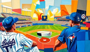 A fragmented, geometric painting in bright blue, red, and white, depicting the dynamic action of a baseball game through Picasso-esque overlapping planes and shapes.