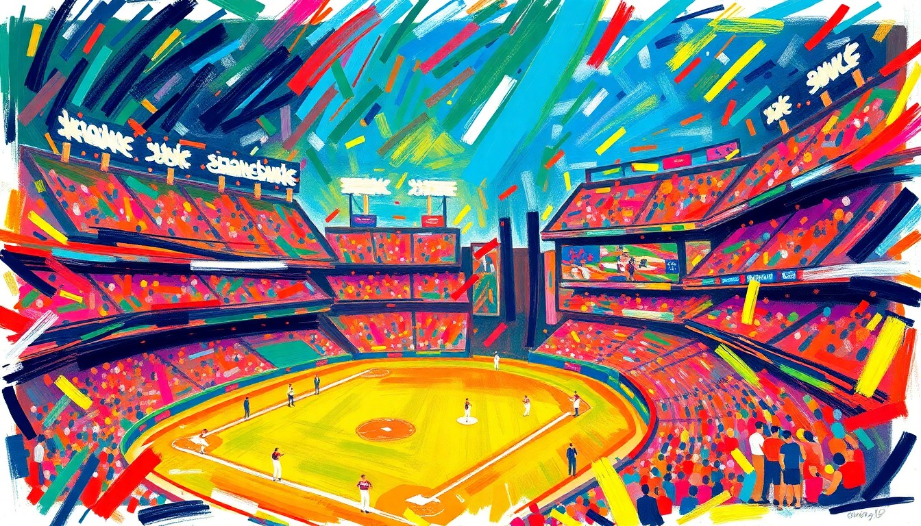 An abstract, expressionist painting in vibrant neon colors, with rapid brushstrokes capturing the frenetic energy and chaos of a baseball stadium during an unexpected wardrobe malfunction incident.