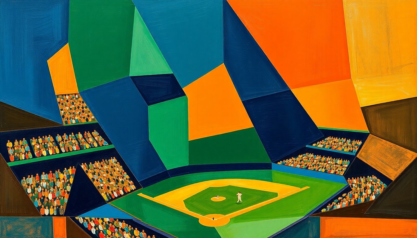 A cubist, geometric painting depicting a baseball game broken down into overlapping planes of navy, green, and orange, conveying the dynamic action and tension of the Reds