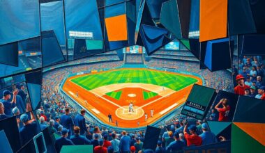 A cubist, geometric painting depicting a baseball game or match, with sharp, overlapping planes of vibrant colors like navy, orange, and green, representing the complex interplay between the Astros