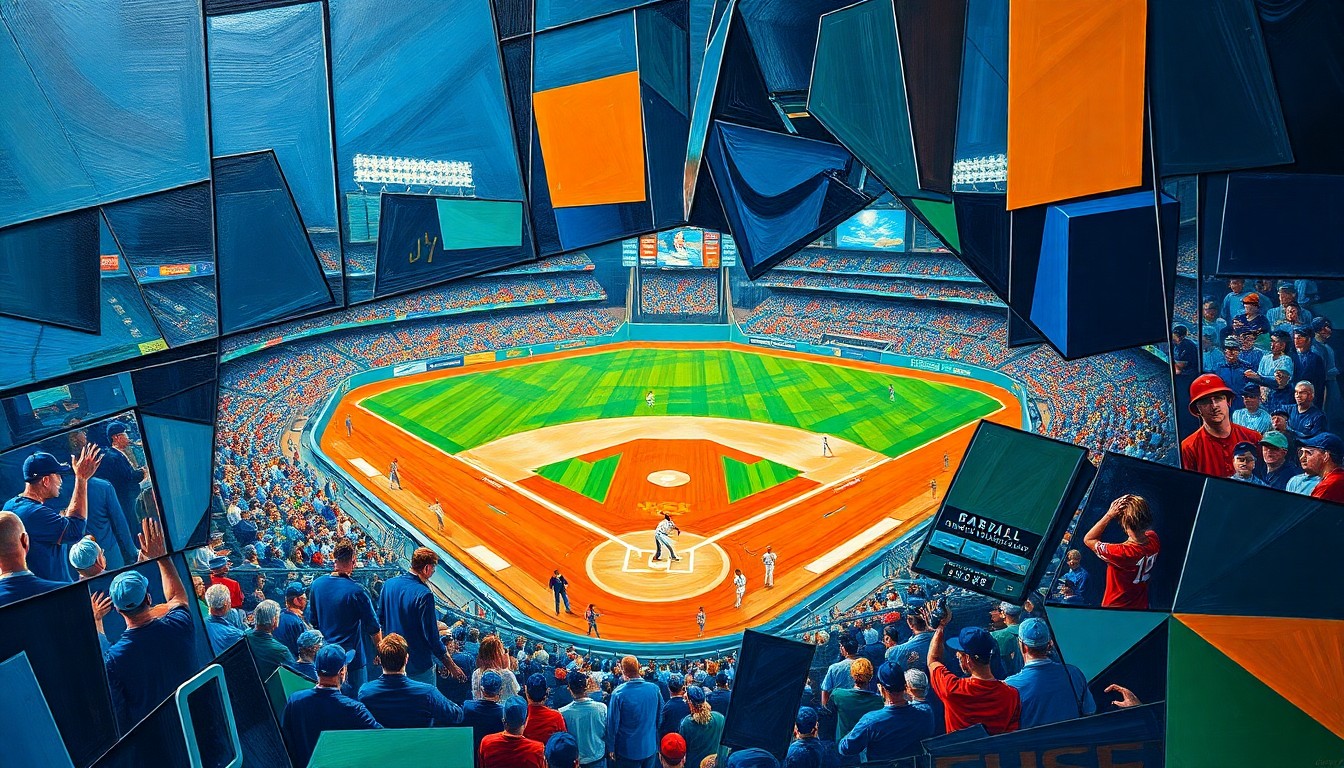 A cubist, geometric painting depicting a baseball game or match, with sharp, overlapping planes of vibrant colors like navy, orange, and green, representing the complex interplay between the Astros
