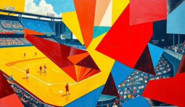 A cubist-style painting featuring fragmented, geometric shapes in red, blue, and yellow, conceptually representing the back-and-forth action and tension of a baseball game between the Cardinals and Nationals.