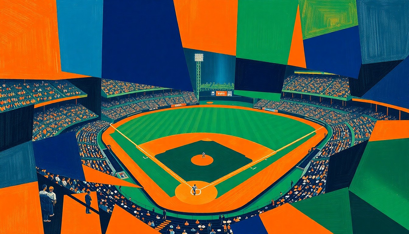 A cubist, geometric painting depicting a baseball game, with overlapping planes of bright orange, navy blue, and forest green representing the dynamic action on the field.