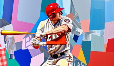 A cubist, geometric painting depicting a baseball player