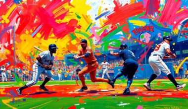 An abstract, expressionistic painting in bright neon colors, with sweeping brushstrokes and fragmented forms representing the energy and action of a baseball game.