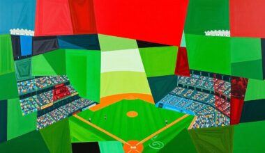 A fragmented, geometric painting depicting a baseball game, with overlapping planes of green, red, and blue representing the field, players, and crowd in an abstract, cubist style.
