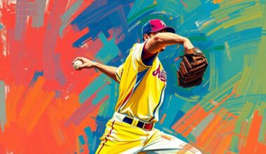 An abstract, expressionist painting using bold, neon-like brushstrokes in shades of blue, orange, and green to capture the dynamic motion and energy of a professional baseball pitcher in the middle of his delivery.