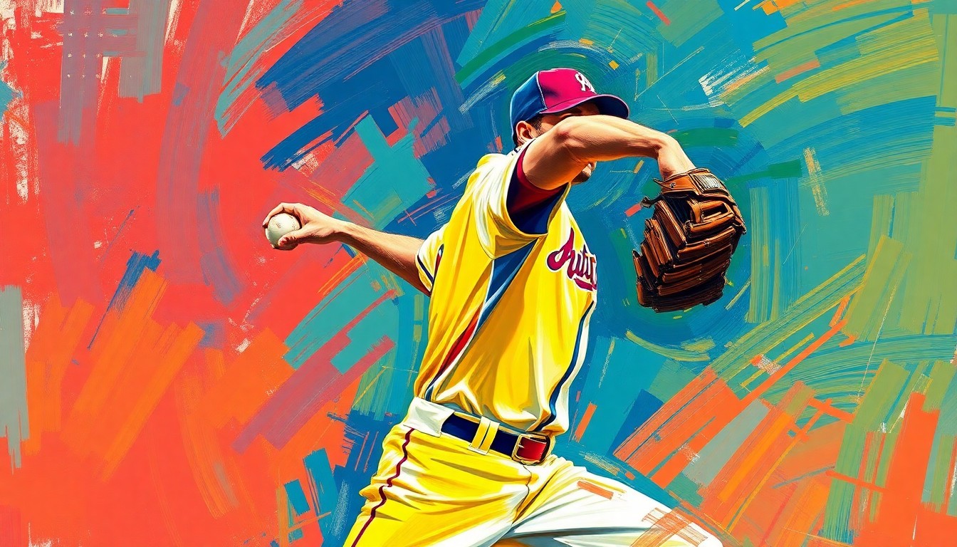 An abstract, expressionist painting using bold, neon-like brushstrokes in shades of blue, orange, and green to capture the dynamic motion and energy of a professional baseball pitcher in the middle of his delivery.
